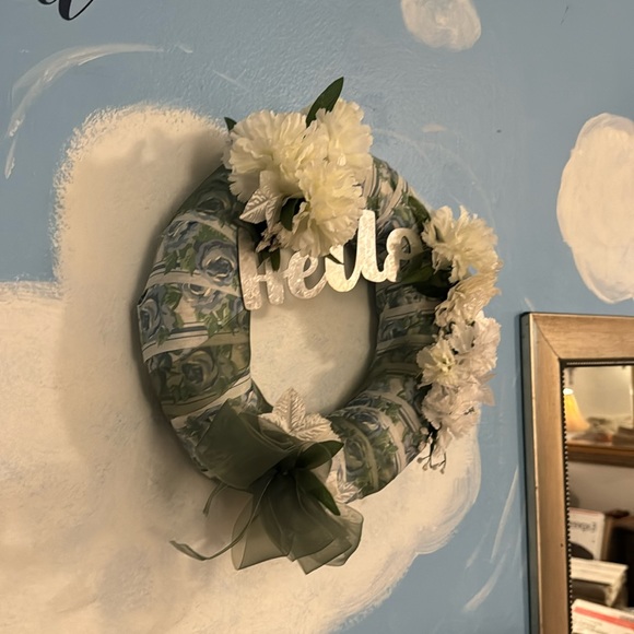 Carnation and Blue Floral Ribbon "Hello” Wreath - Picture 4 of 4